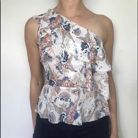 INTERMIX Silk Romantic Ruffle Botanical Print Top - Picture 1 of 6